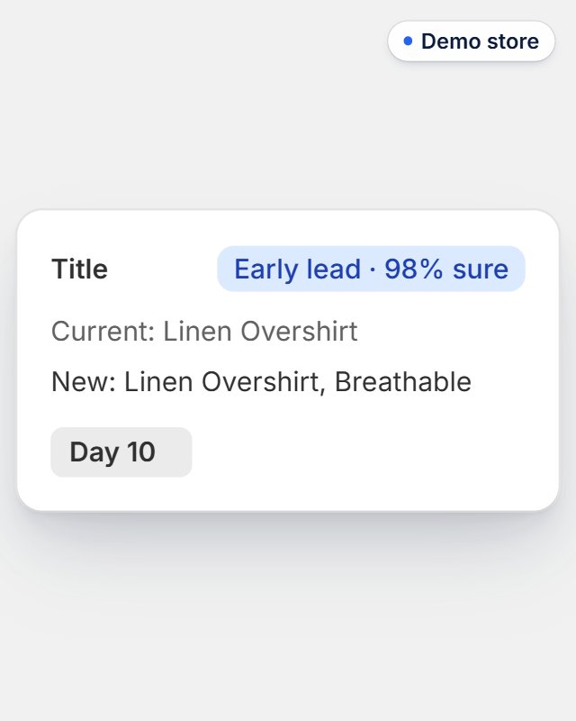 A Zyro title test on a demo store: version 2 has an early lead, 98% sure, on day 10.