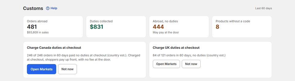 Zyro's Customs screen on a demo store: orders abroad, duties collected at checkout, orders abroad with no duties, and two countries to charge duties at checkout.