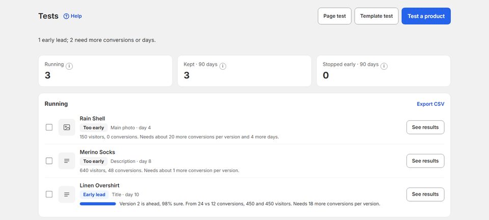 Zyro's Tests screen on a demo store: three running product tests, one with an early lead and two marked too early to call.