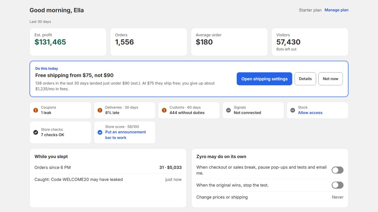 Zyro's Today screen on a demo store: 30-day profit, orders, average order and visitors, then the one change to make today: free shipping from $75, not $90.