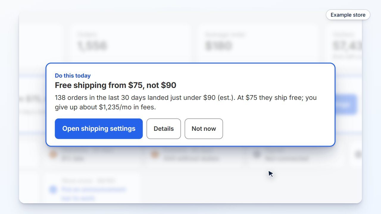 The Zyro tour on a demo store, starting on Today's card: free shipping from $75, not $90.
