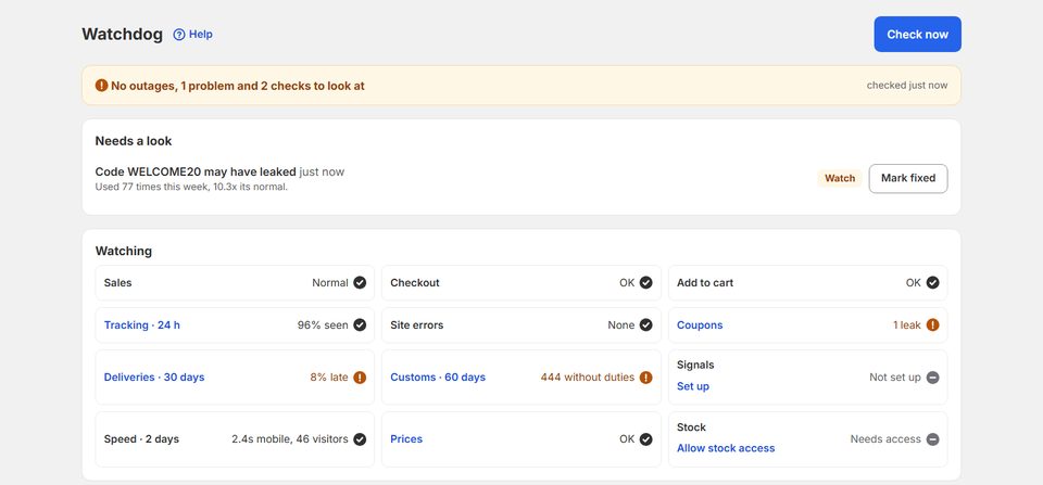 Zyro's Watchdog screen on a demo store: no outages, one leaked discount code to look at, and checks for sales, checkout, add to cart, tracking and more.
